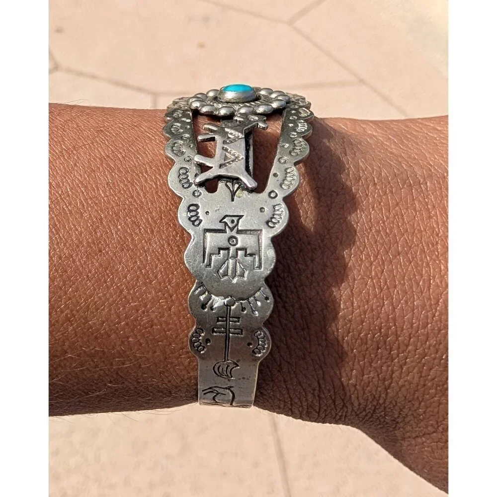 VTG Navajo Nickel Silver & Turquoise Cuff Bracelet Stamped Horses 15.8g Native A